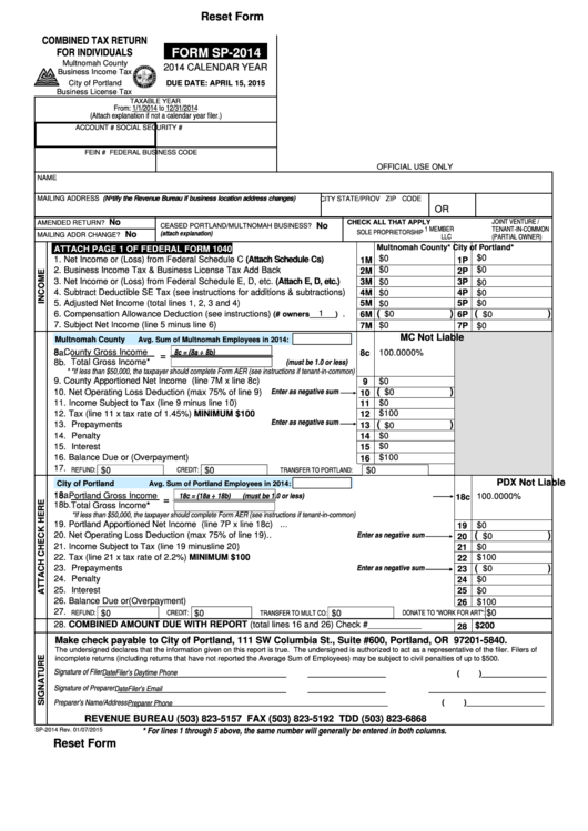 Fillable Form Sp-2014 - Combined Tax Return For Individuals - 2014 Printable pdf