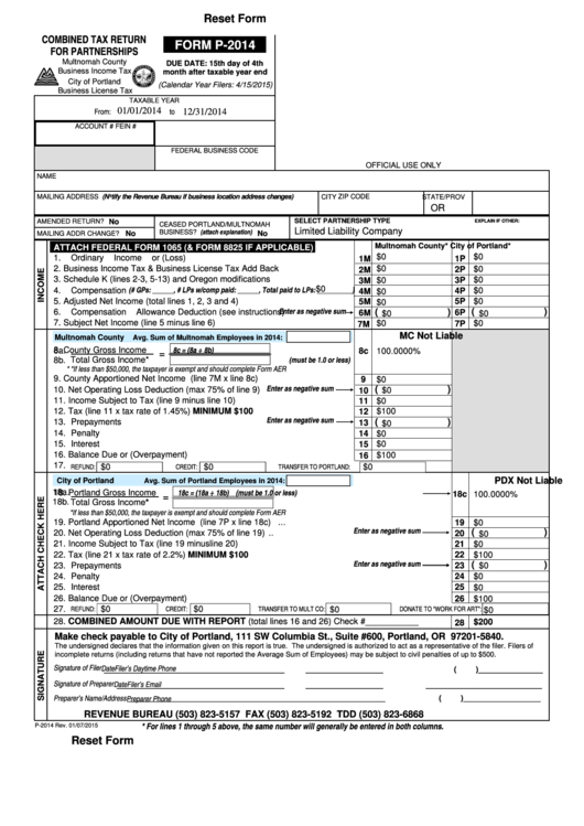 Fillable Form P-2014 - Combined Tax Return For Partnerships - 2015 Printable pdf