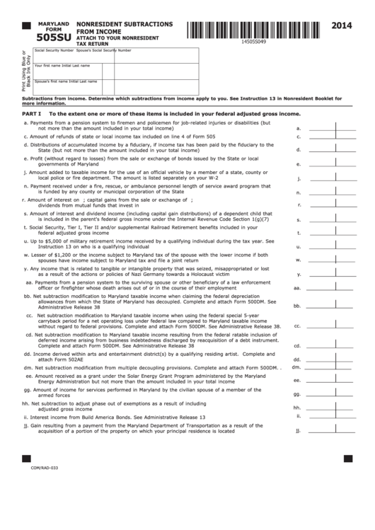 Fillable Maryland Form 505su - Nonresident Subtractions From Income - 2014 Printable pdf