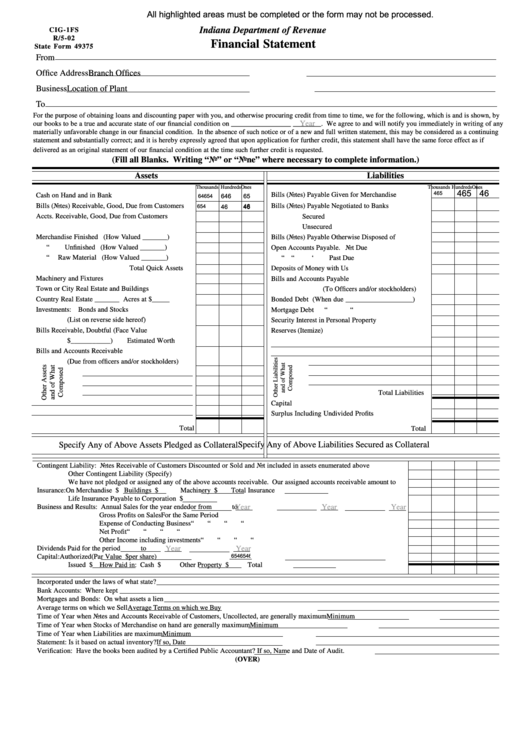 Fillable Form Cig-1fs - Financial Statemen-Indiana Department Of Revenue Form Printable pdf