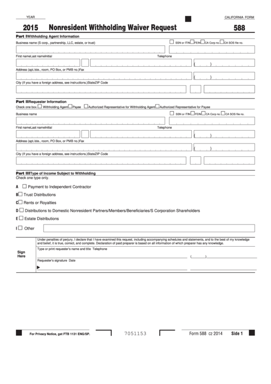 Fillable California Form 588 - Nonresident Withholding Waiver Request - 2015 Printable pdf