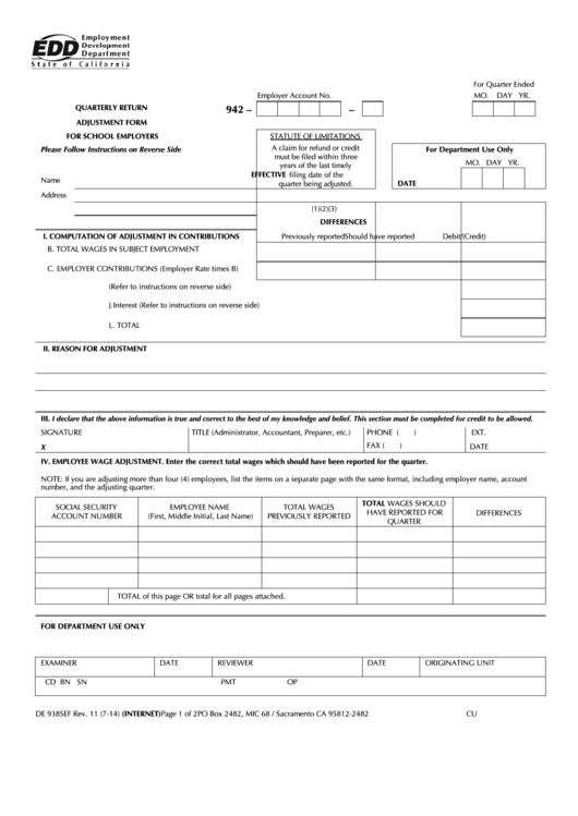 Fillable Form De 938sef - Quarterly Return Adjustment Form For School Employers - 2014 Printable pdf