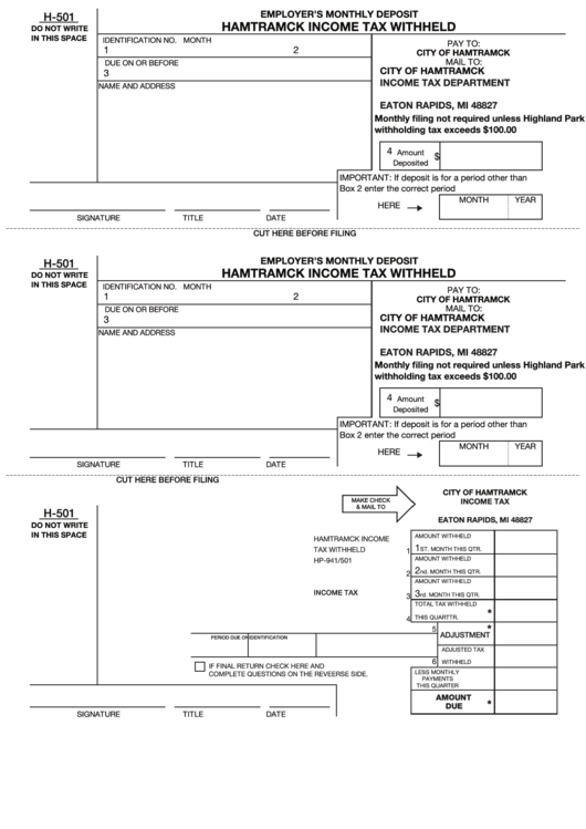 Form H-501 - Hamtramck Income Tax Withheld Printable pdf