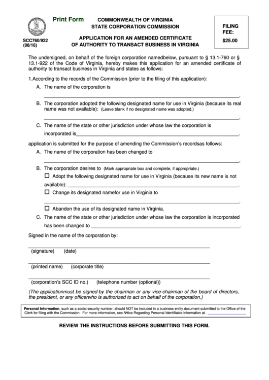 Fillable Form Scc760/922 - Application For An Amended Certificate Of Authority To Transact Business In Virginia Printable pdf