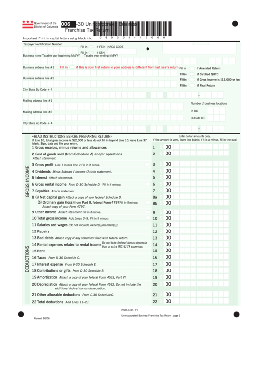 Form D-30 - Unincorporated Business Franchise Tax Return - 2006 Printable pdf