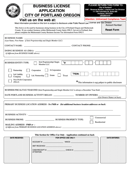 Fillable Business License Application Form - City Of Portland, Oregon Printable pdf