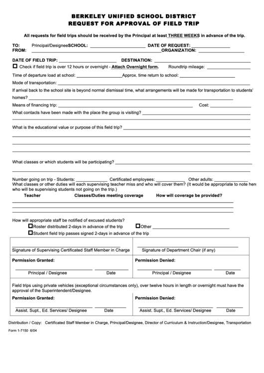 Form 1-7150 - Request For Approval Of Field Trip Printable pdf