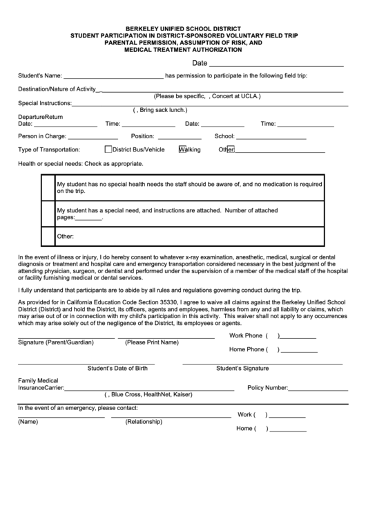 Student Participation In District-Sponsored Voluntary Field Trip Parental Permission, Assumption Of Risk, And Medical Treatment Authorization Form Printable pdf