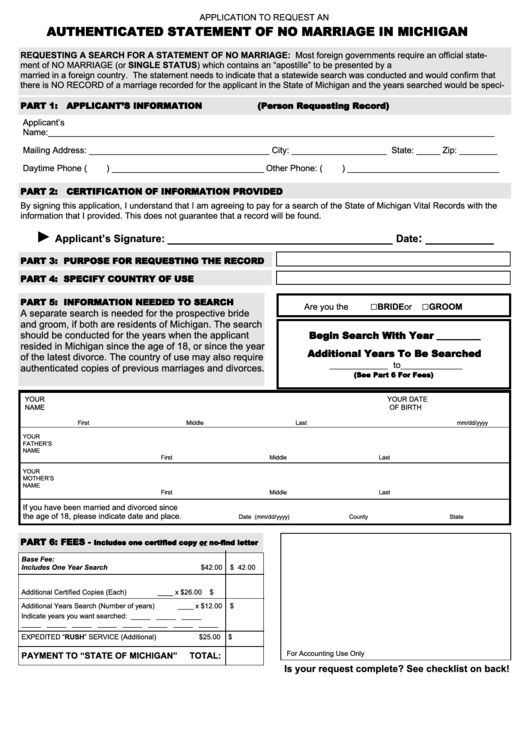 Application To Request An Authenticated Statement Of No Marriage In Michigan Form Printable pdf