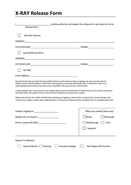 X-Ray Release Form Printable pdf