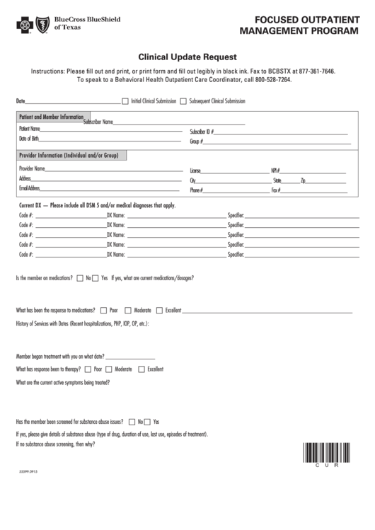 Fillable Clinical Update Request - Blue Cross Blue Shield Of Texas Printable pdf