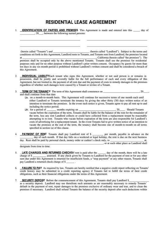 Fillable Residential Lease Agreement printable pdf download