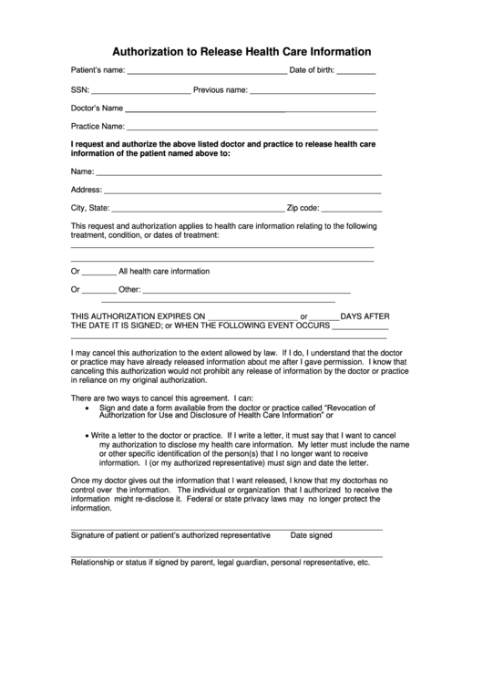 Authorization To Release Health Care Information Template Printable pdf