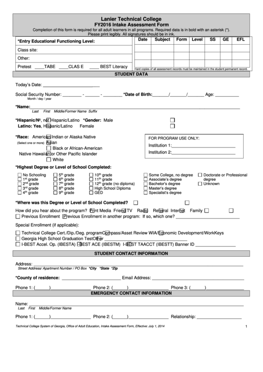 Intake Assessment Form Printable pdf