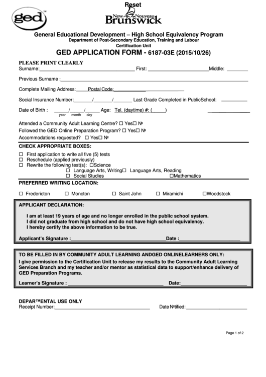 Fillable Form 6187-03e - Ged Application Form Printable pdf
