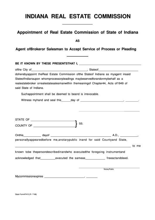 Fillable Indiana Real Estate Commission Form Printable pdf