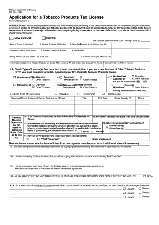 Application For A Tobacco Products Tax License - Michigan Department Of Treasury