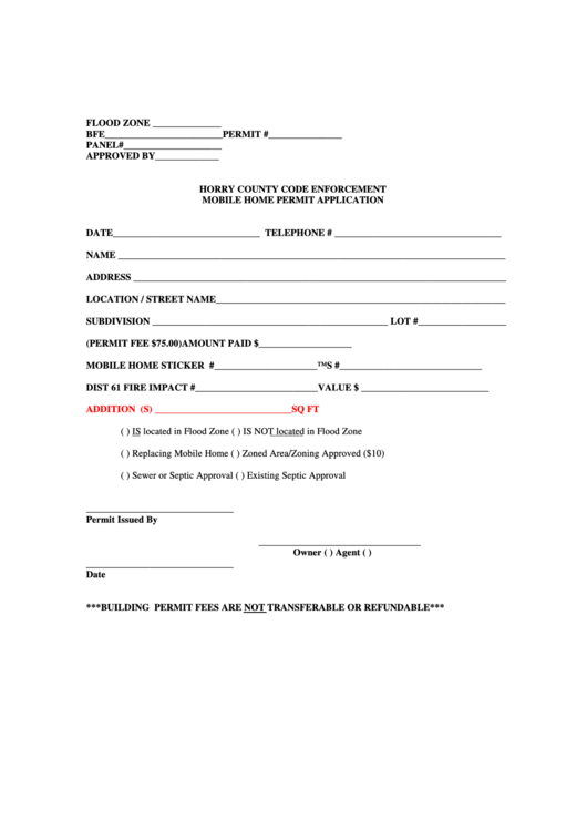 Horry County Code Enforcement Mobile Home Permit Application Form Printable pdf