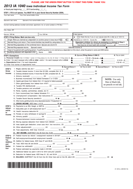 Fillable Form Ia-1040 - Iowa Individual Income Tax Form - 2013 Printable pdf