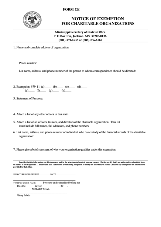 Form Ce - Notice Of Exemption For Charitable Organizations Printable pdf