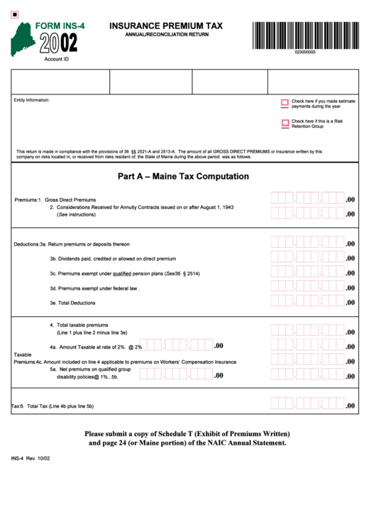 Form Ins 4 - Insurance Premium Tax Annual/reconciliation Return - 2002 Printable pdf