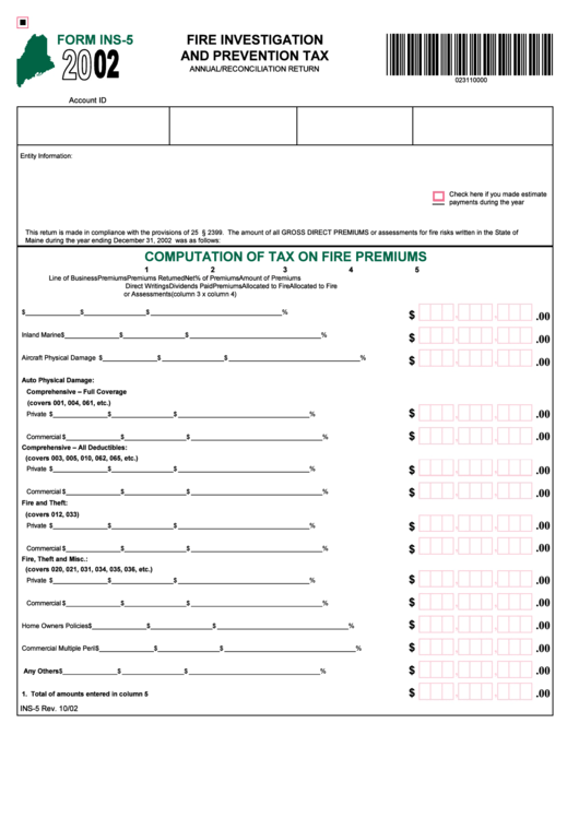 Form Ins-5 - Fire Investigation And Prevention Tax - 2002 Printable pdf