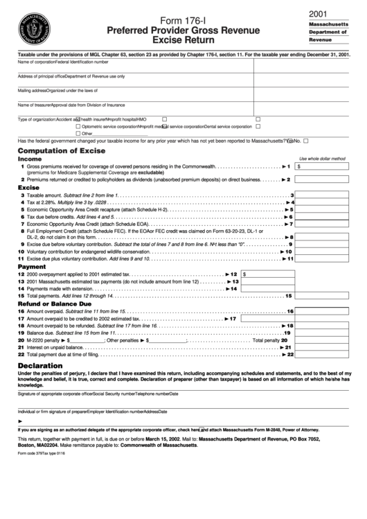 Form 176-I - Preferred Provider Gross Revenue Excise Return - 2001 Printable pdf