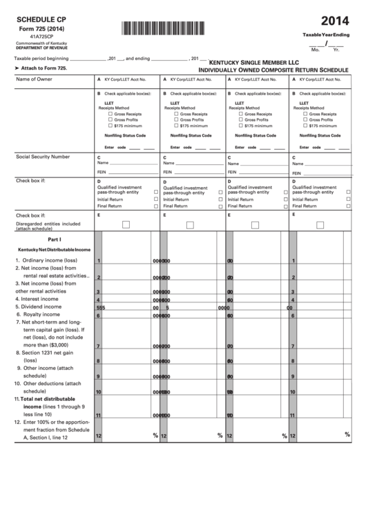 Form 725 - Schedule Cp - Kentucky Single Member Llc Individually Owned Composite Return Schedule - 2014 Printable pdf