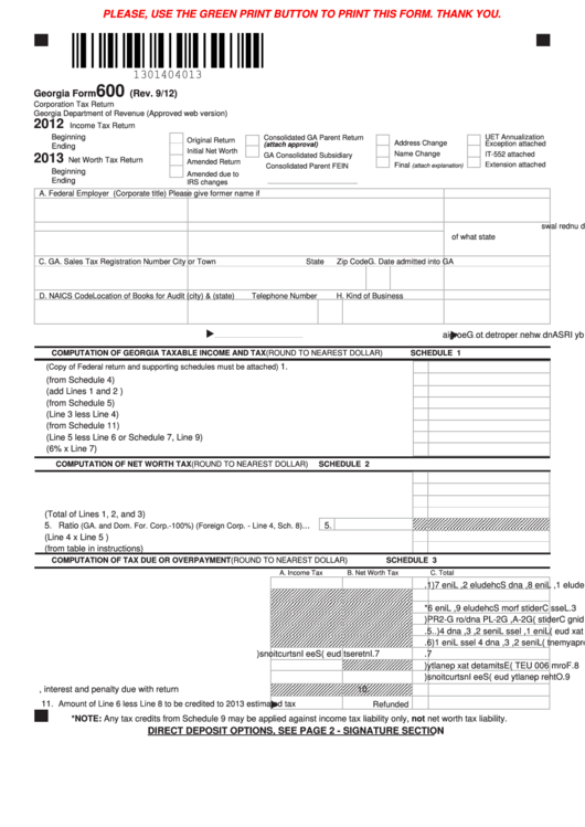 Georgia Form 600 - Corporation Tax Return - 2012/2013 Printable pdf