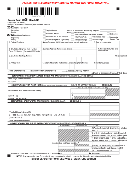 Fillable Georgia Form 600s - Corporation Tax Return - 2012 printable ...