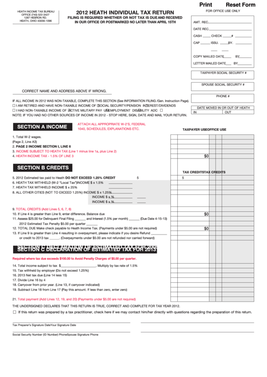 Fillable Heath Individual Tax Return Form - Heath Income Tax Bureau - 2012 Printable pdf
