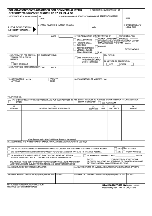 Fillable Standard Form 1449 - Solicitation/contract/order For Commercial Items - 2012 Printable pdf