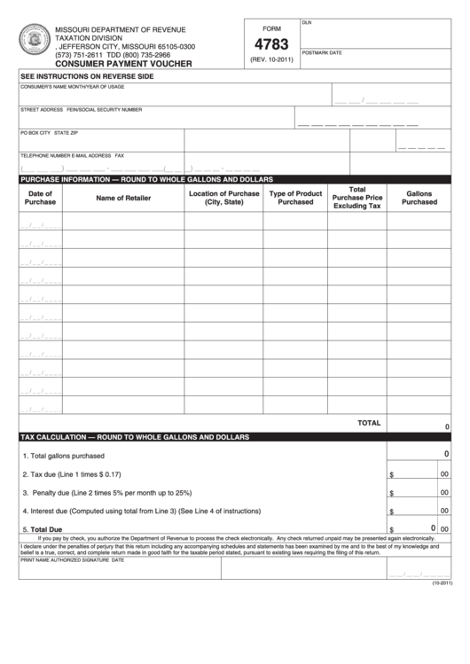 Fillable Form 4783-Consumer Payment Voucher-Missouri Department Of Revenue Printable pdf