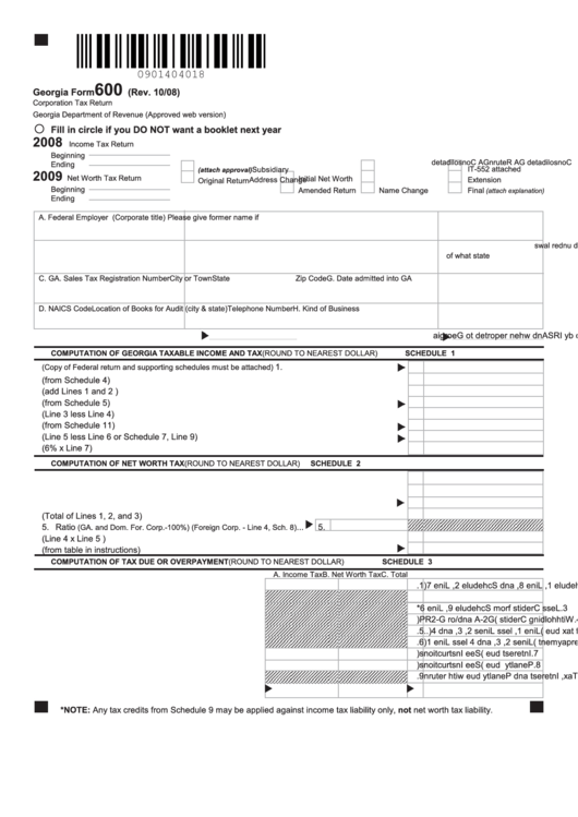 Fillable Georgia Form 600 - Corporation Tax Return - 2008/2009 Printable pdf