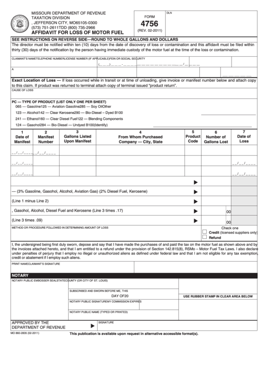 Fillable Form 4756-Affidavit For Loss Of Motor Fuel (2011) Printable pdf