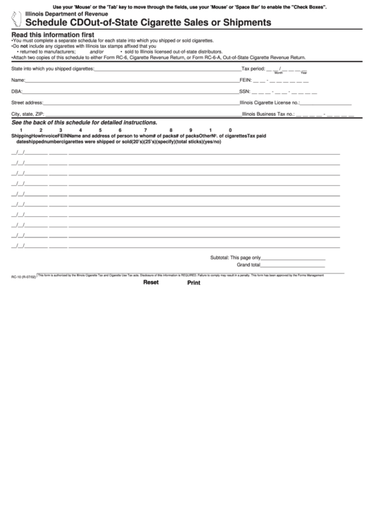 Fillable Schedule Cd Form - Out-Of-State Cigarette Sales Or Shipments - Il Printable pdf