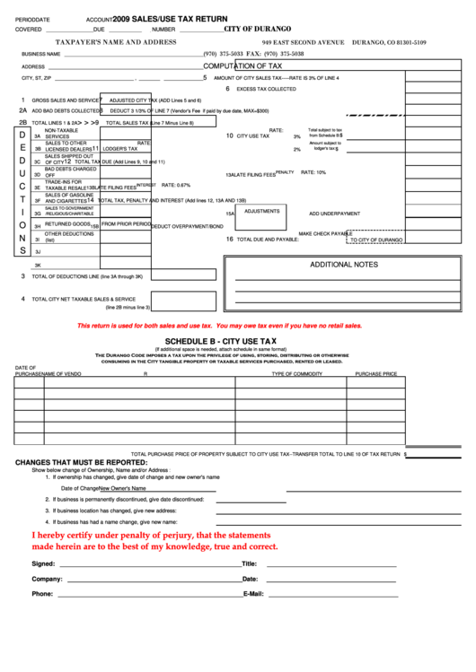 Fillable Sales/use Tax Return Form - City Of Durango - 2009 Printable pdf