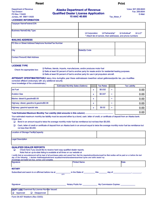 Fillable Form 04-407 - Qualified Dealer License Application Printable pdf