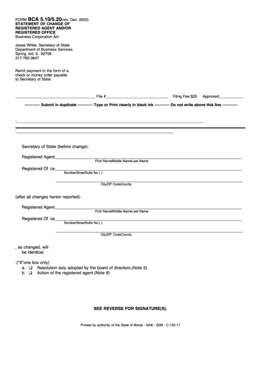 Fillable Form Bca 5.10/5.20 - Statement Of Change Of Registered Agent And/or Registered Office - 2003 Printable pdf