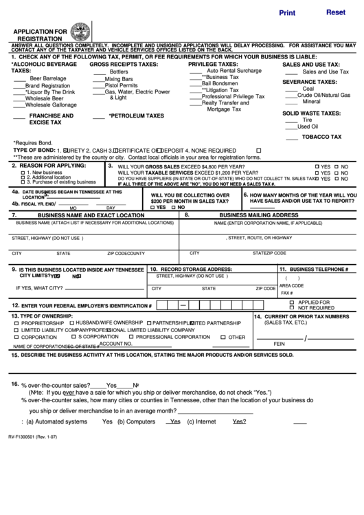 Fillable Form Rv-F1300501 - Application For Registration Printable pdf