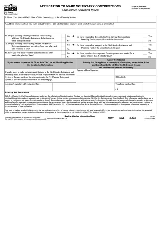 Fillable Application To Make Voluntary Contributions-Civil Service Retirement System Form Printable pdf