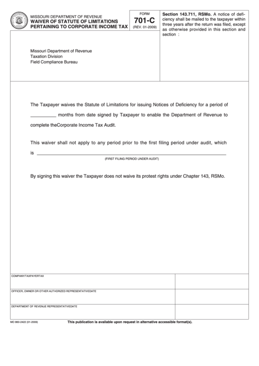 Fillable Form 701-C - Waiver Of Statute Of Limitations Pertaining To Corporate Income Tax Printable pdf