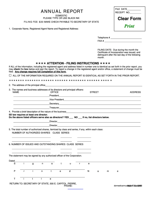 Fillable Annual Report-South Dakota Secretary Of State Form Printable pdf