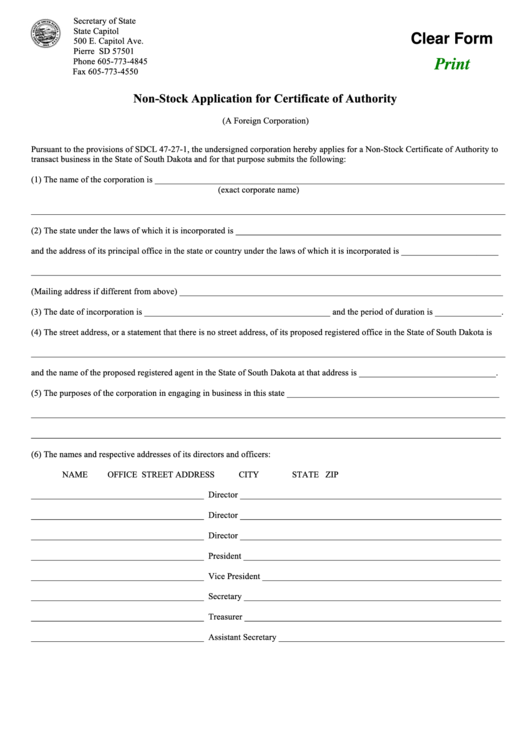 Fillable Non-Stock Application For Certificate Of Authority Form Printable pdf