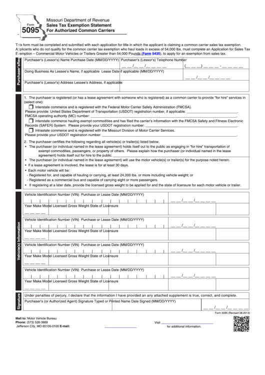 Fillable Form 5095 - Sales Tax Exemption Statement For Authorized Common Carriers - Missouri Department Of Revenue Printable pdf