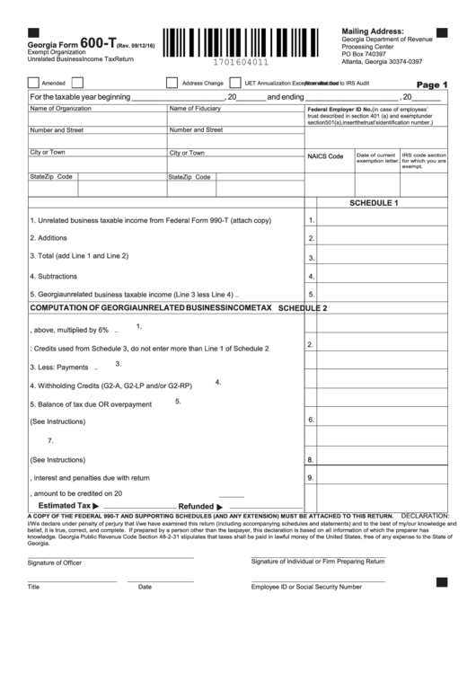Fillable Form 600-T -Exempt Organization Unrelated Business Income Tax Return - 2016 Printable pdf