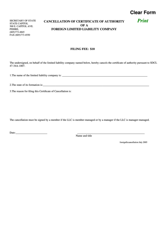 Fillable Cancellation Of Certificate Of Authority Of A Foreign Limited Liability Company Form Printable pdf