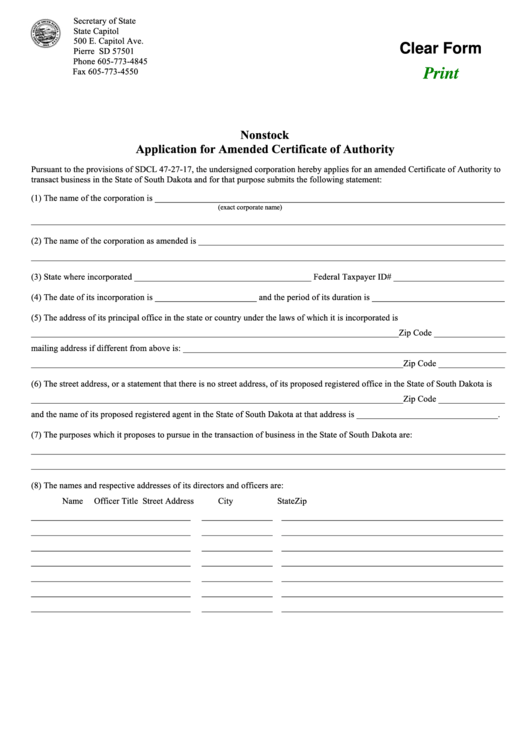 Fillable Nonstock Application For Amended Certificate Of Authority Form Printable pdf