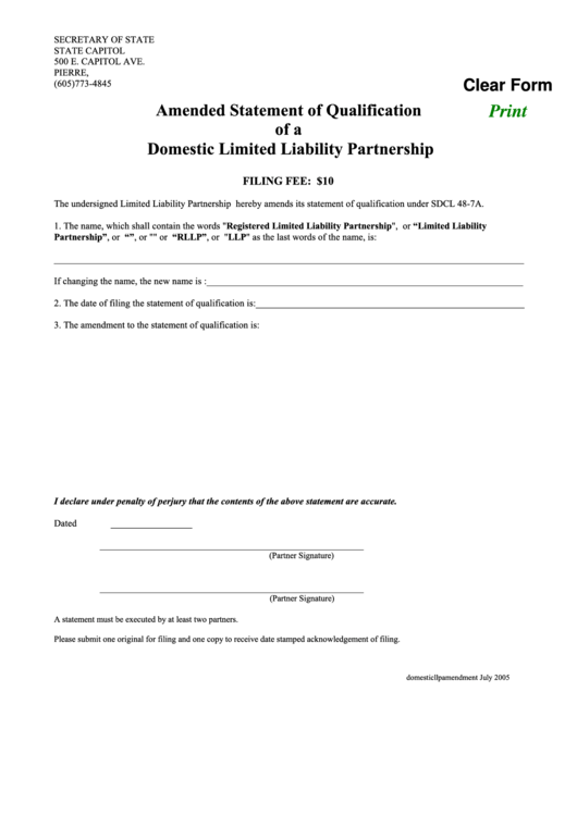 Fillable Amended Statement Of Qualification Of A Domestic Limited Liability Partnership Form - South Dakota Secretary Of State Printable pdf