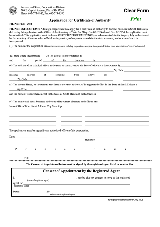 Fillable Application For Certificate Of Authority Form Printable pdf